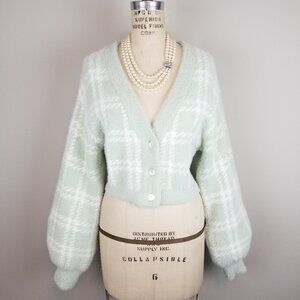 Kendall & Kylie Super Soft Pale Green Plaid Knit Cardigan Sweater Balloon Sleeve